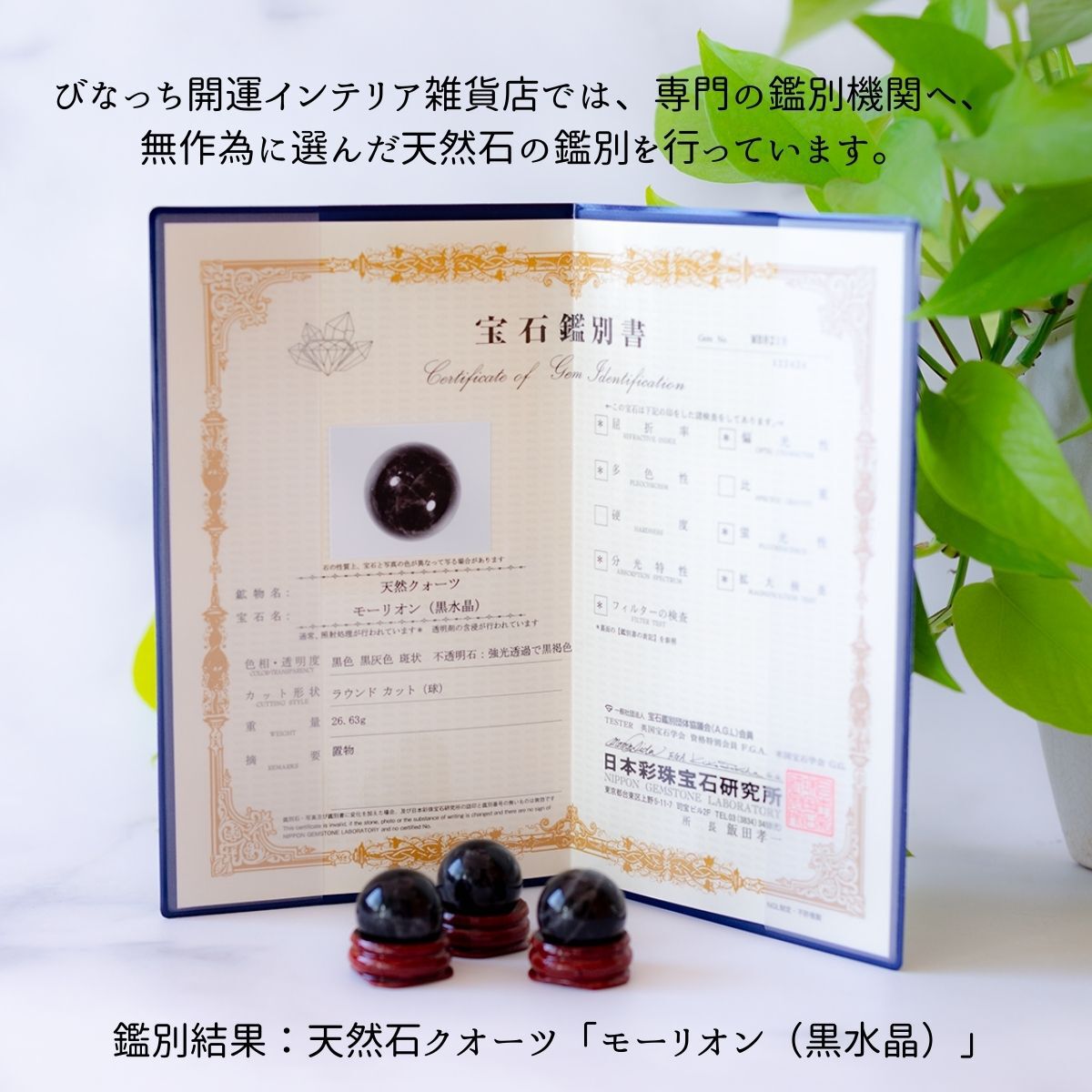 【邪気払い・悪夢封じ】モリオン玉 20mm or 30mm ×水晶×オリエンタルビーズリング 木台座付き開運インテリアセット|魔除け・浄化・安眠祈願