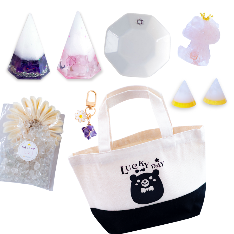 【開運HAPPYバッグ|福袋】幸運を呼ぶ豪華8点+コットンバッグ|六角すいオルゴナイト2個&水晶さざれ100g&八角皿&ミニ円すい2個&オルゴナイトくま&マカバチャーム