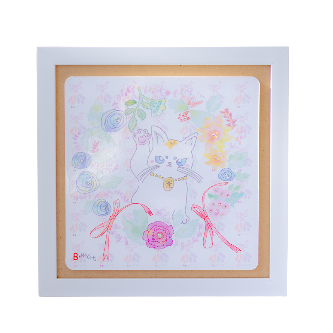 花と招き猫 六芒星 開運 絵画 額入り インテリア 風水アート 福招き 幸運 癒し お祝い 新築祝い 開店祝い 開業祝い 結婚祝い 誕生日 ギフト びなっち オリジナル