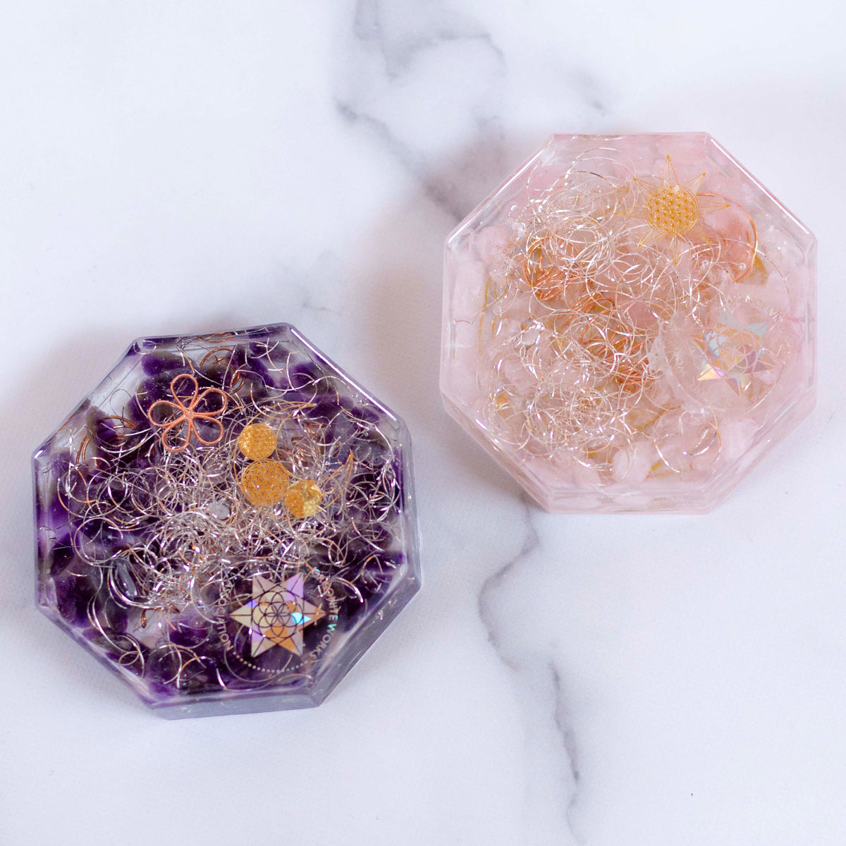 風水 オルゴナイト アメシスト ローズクオーツ 八角形 置物 セット \制作期間7日間/ フラワーオブライフ 浄化 癒し 愛情運 家庭運 開運 インテリア お守り びなっち