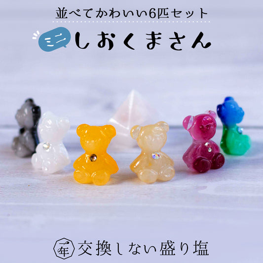 【ミニミニしおくまさん6体＋白ダイヤ盛り塩セット】五行カラー＆ゴールド入り｜1年交換不要の盛り塩｜ラッピング済ギフト仕様｜風水・開運インテリア