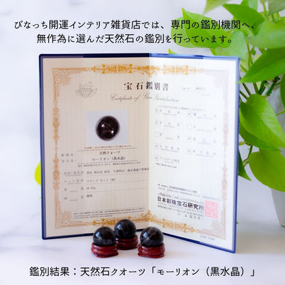 【邪気払い・悪夢封じ】モリオン玉 20mm or 30mm ×水晶×オリエンタルビーズリング 木台座付き開運インテリアセット｜魔除け・浄化・安眠祈願
