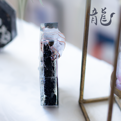 銀龍 モリオン 風水 オルゴナイト 八角形 台座付き 開運インテリア 魔除け 浄化 安定 空間調整 フラワーオブライフ 黒水晶 陰の龍 びなっち制作 受注製作 7日間