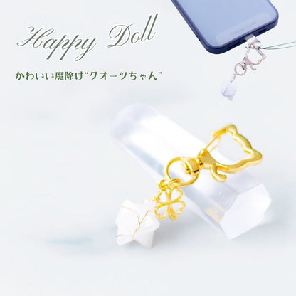 猫型クリップ×天然水晶マカバチャーム｜Happy Doll（ハッピードール）スマホアクセサリー｜魔除け・浄化・幸運UP【ゴールド／シルバー】