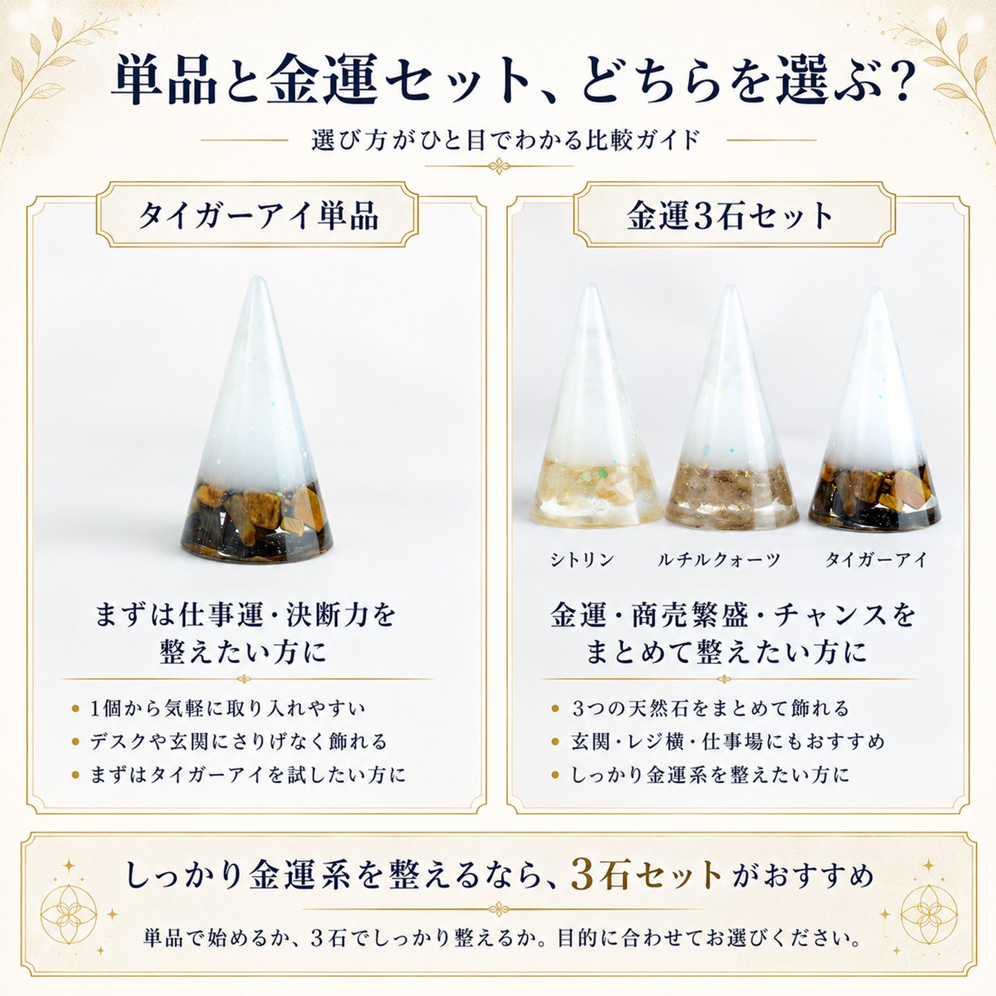 交換不要盛り塩 円錐 3個セット タイガーアイ＆ルチルクオーツ＆シトリン｜金運・魔除け・開運インテリア