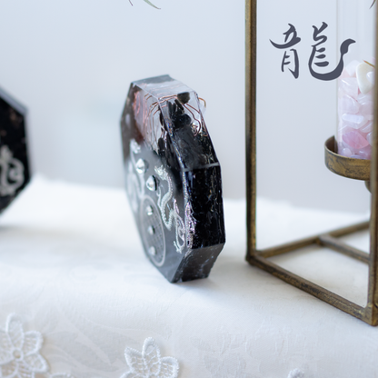 銀龍 モリオン 風水 オルゴナイト 八角形 台座付き 開運インテリア 魔除け 浄化 安定 空間調整 フラワーオブライフ 黒水晶 陰の龍 びなっち制作 受注製作 7日間