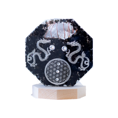 銀龍 モリオン 風水 オルゴナイト 八角形 台座付き 開運インテリア 魔除け 浄化 安定 空間調整 フラワーオブライフ 黒水晶 陰の龍 びなっち制作 受注製作 7日間