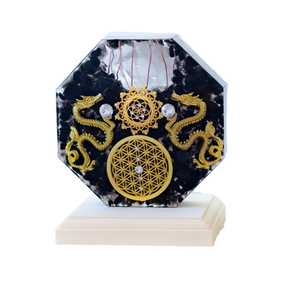 金龍 モリオン 風水 オルゴナイト 八角形 台座付き 開運インテリア 魔除け 金運上昇 空間浄化 フラワーオブライフ 黒水晶 双龍 受注製作 7日間