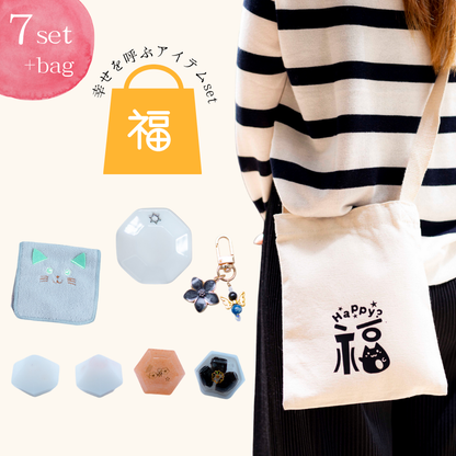 【開運HAPPYバッグ｜福袋】幸せを呼ぶHAPPYセット8点｜肩掛けサコッシュ＆大人気交換不要盛り塩4種＆八角皿＆ラピスラズリチャーム＆アニマルポケットハンカチ