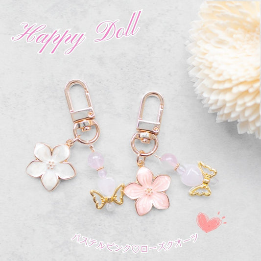 桜フラワー×蝶モチーフ♡ローズクオーツのスマホアクセサリー｜Happy Dollシリーズ｜恋愛運・癒し・女性らしさUP【開運チャーム】