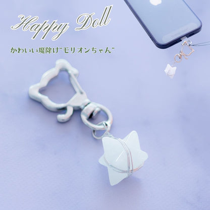 猫型クリップ×天然水晶マカバチャーム｜Happy Doll（ハッピードール）スマホアクセサリー｜魔除け・浄化・幸運UP【ゴールド／シルバー】