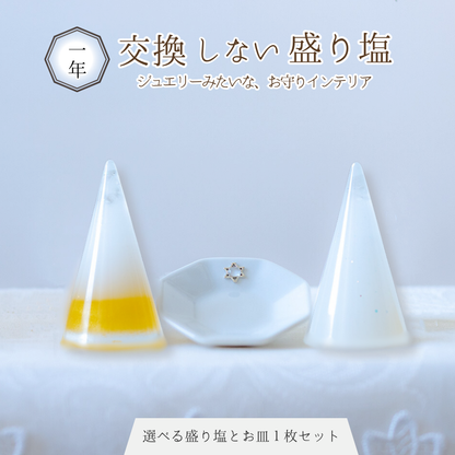 【交換不要盛り塩／選べるカラー】風水オルゴナイト製法・円すい型盛り塩＆八角皿セット｜玄関・トイレ・お風呂・寝室におすすめ