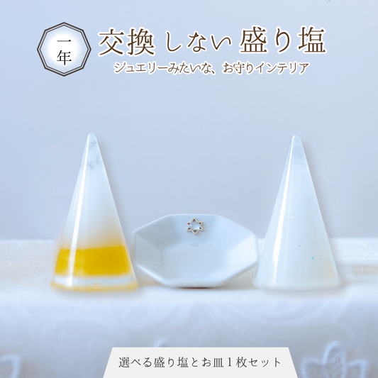 【交換不要盛り塩／選べるカラー】風水オルゴナイト製法・円すい型盛り塩＆八角皿セット｜玄関・トイレ・お風呂・寝室におすすめ