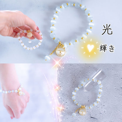 【招き猫チャーム付】セレナイトキャッツアイブレスレット 内周16〜18cm 天然石 パワーストーン 月光の癒し 厄除け 開運 レディースアクセサリー