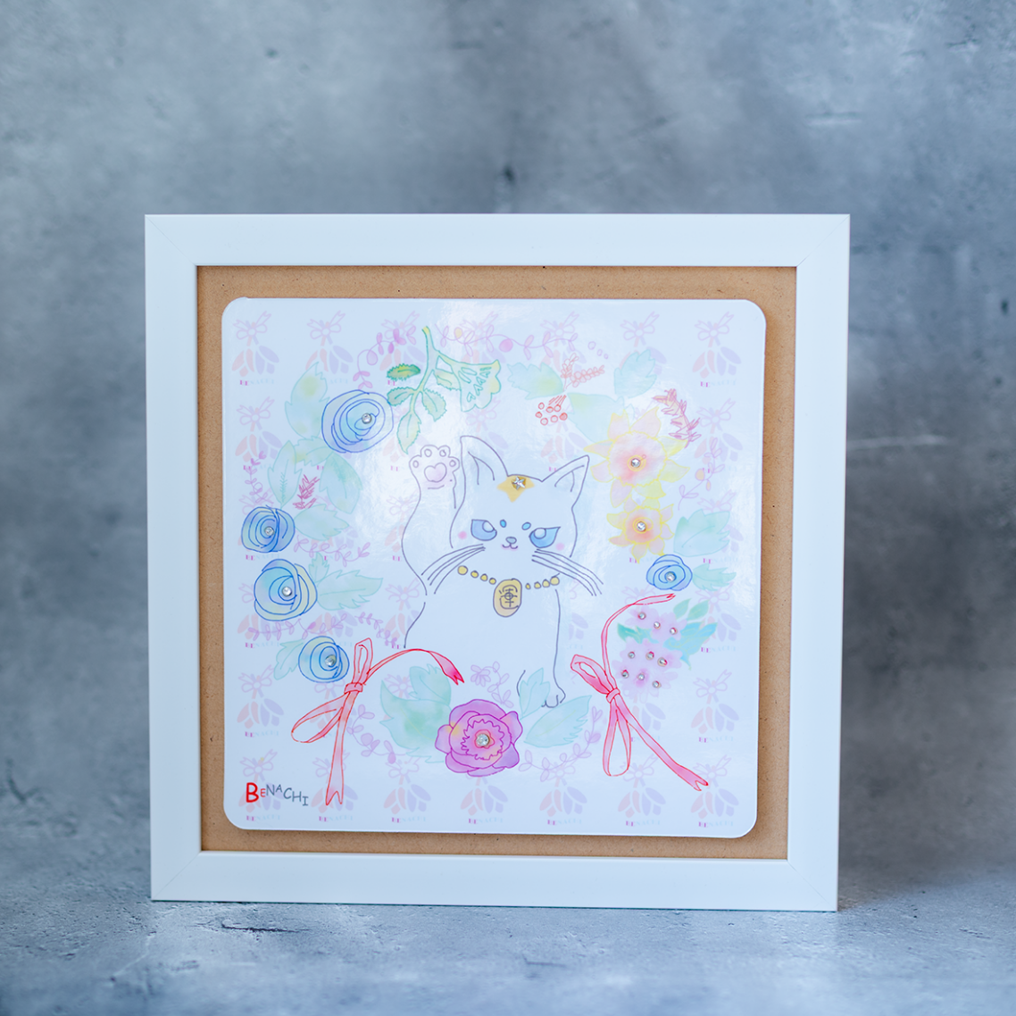 花と招き猫 六芒星 開運 絵画 額入り インテリア 風水アート 福招き 幸運 癒し お祝い 新築祝い 開店祝い 開業祝い 結婚祝い 誕生日 ギフト びなっち オリジナル
