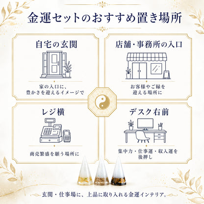 交換不要盛り塩 円錐 3個セット タイガーアイ＆ルチルクオーツ＆シトリン｜金運・魔除け・開運インテリア