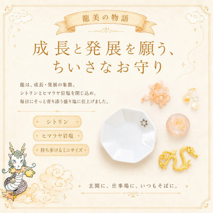 シトリン交換不要盛り塩 ミニ円錐型 2個八角皿セット 龍美｜金運・商売繁盛・浄化・開運インテリア