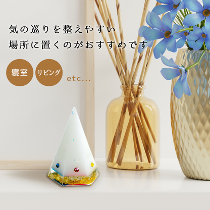 【五行カラー＋ゴールド】1年間交換不要 盛り塩 六角すい／制作期間７日間 天然石水晶入り 開運インテリア 高さ約8cm