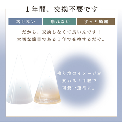 1年間 交換不要 盛り塩 風水オルゴナイト 水晶入り 円すい型 2個セット 真っ白 ゴールドトーン 開運 インテリア 玄関 鬼門 お清め 魔除け びなっち