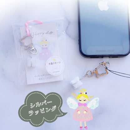 猫型クリップ×天然水晶マカバチャーム｜Happy Doll（ハッピードール）スマホアクセサリー｜魔除け・浄化・幸運UP【ゴールド／シルバー】