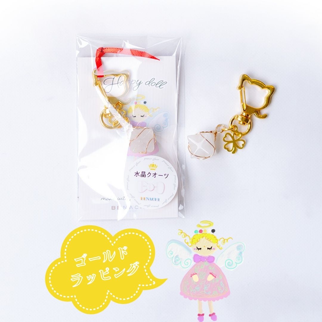 猫型クリップ×天然水晶マカバチャーム｜Happy Doll（ハッピードール）スマホアクセサリー｜魔除け・浄化・幸運UP【ゴールド／シルバー】