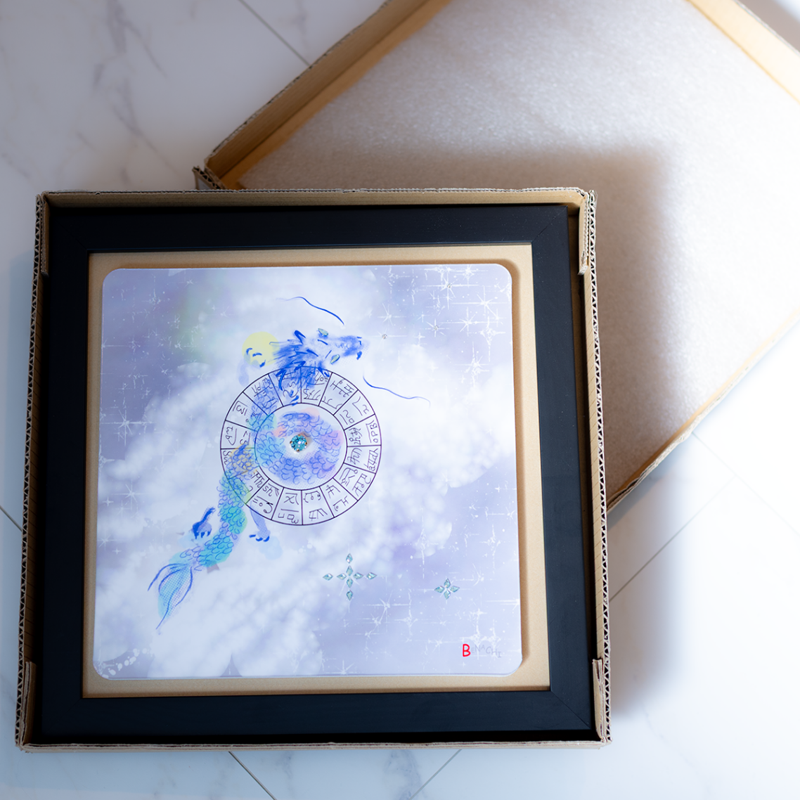 碧眼龍神 龍体文字 アート フレーム付き 25cm 正方形 開運 インテリア 絵画 龍の絵 守護 引き寄せ 意識を整える スピリチュアル 風水 飾るアート びなっち