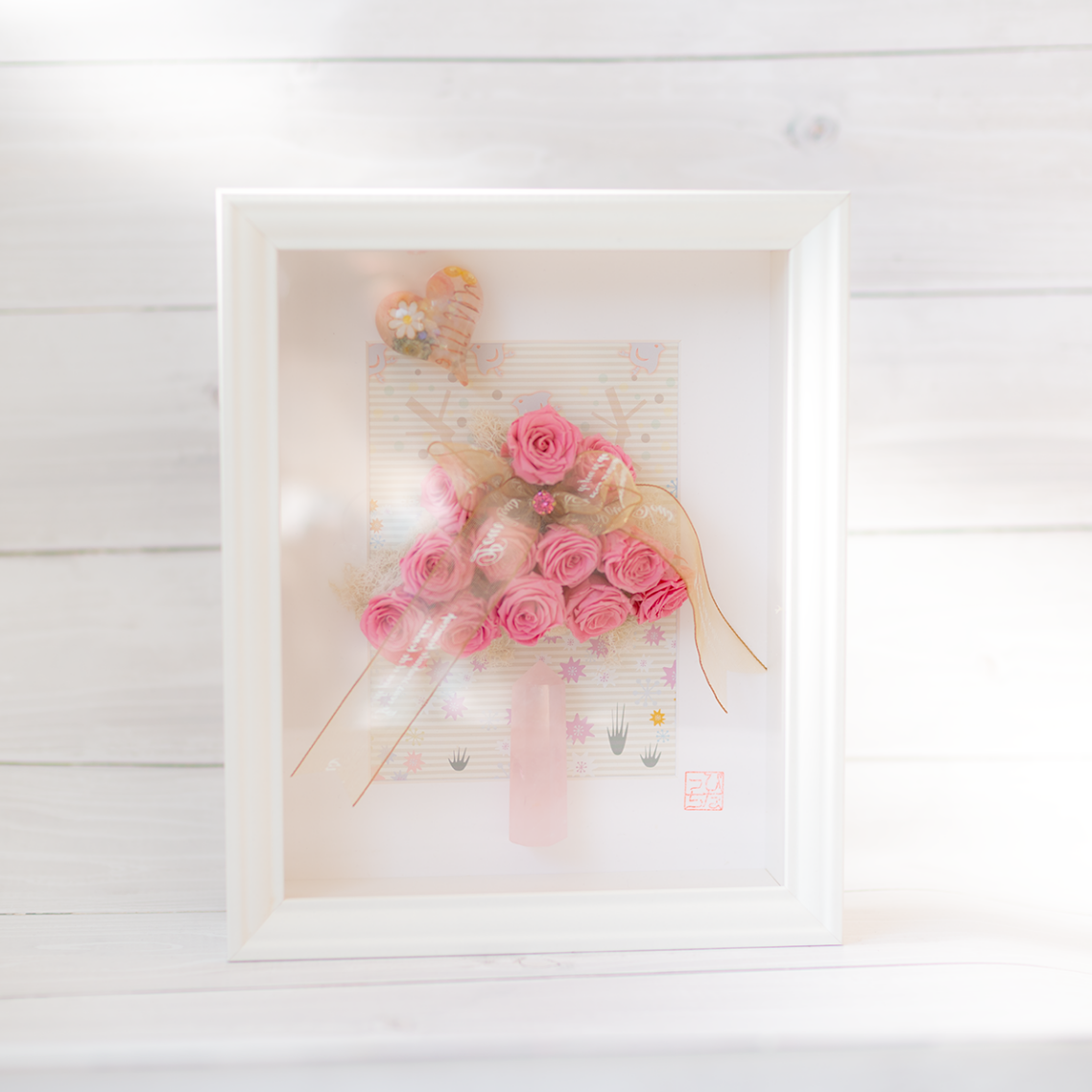 プリザーブドフラワー オルゴナイト ローズクォーツ 六角柱 ハート ピンク フラワーボックス 開運 インテリア ＼オーダー制作５日間／ 母の日 プレゼント 新築祝い 女性 ギフト