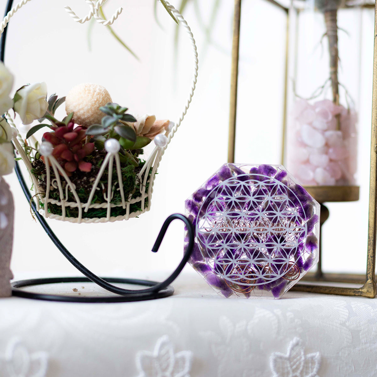 風水 オルゴナイト アメシスト ローズクオーツ 八角形 置物 セット ＼制作期間７日間／ フラワーオブライフ 浄化 癒し 愛情運 家庭運 開運 インテリア お守り びなっち