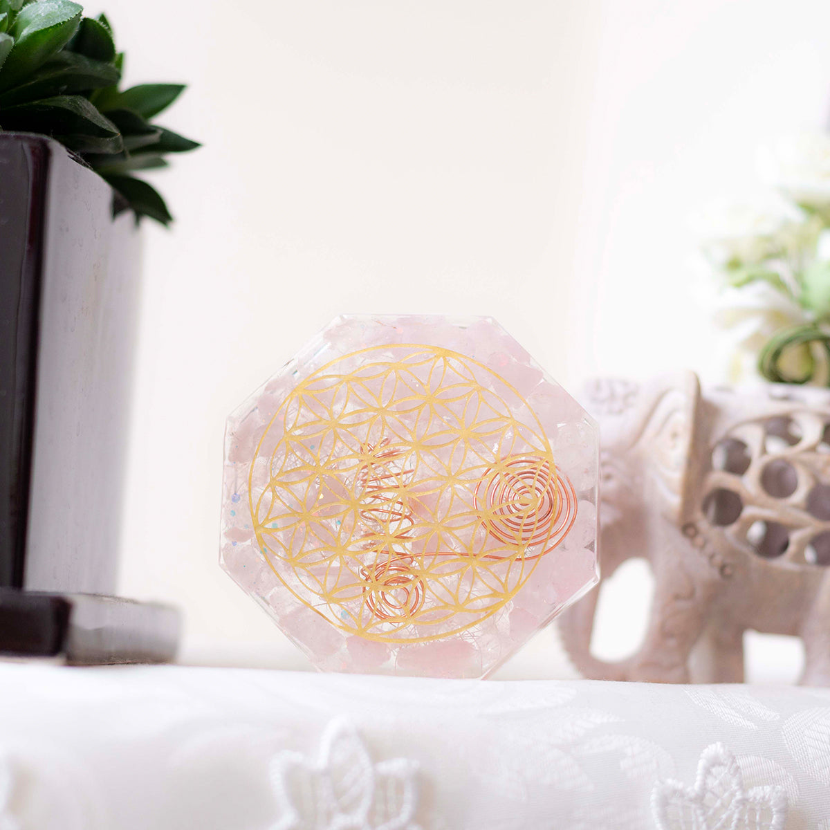 風水 オルゴナイト アメシスト ローズクオーツ 八角形 置物 セット ＼制作期間７日間／ フラワーオブライフ 浄化 癒し 愛情運 家庭運 開運 インテリア お守り びなっち